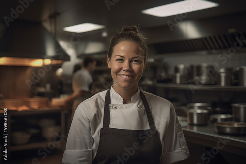 Portrait of a caucasian female chef working in a professional kitchen. Generative ai Generative AI © ink drop