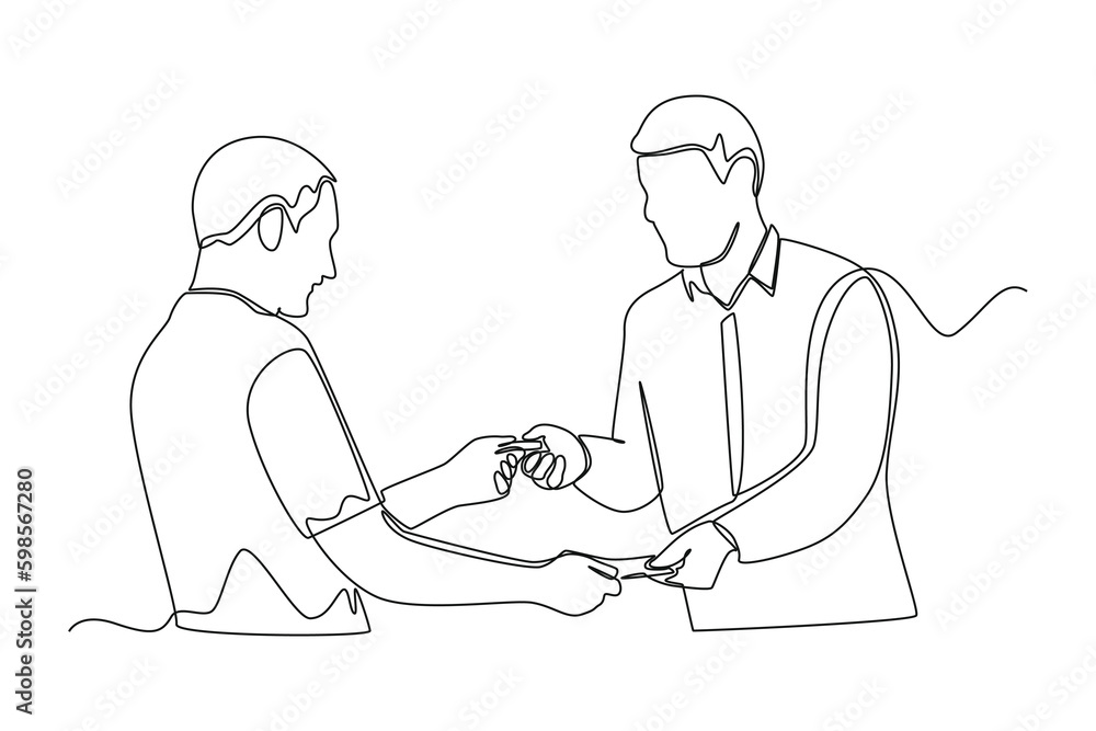 Continuous one line drawing buyers and sellers conducting buying and selling transactions of goods. Business activity concept in market. Single line draw design vector graphic illustration. Continuous one line drawing buyers and sellers conducting buying and selling transactions of goods. Business activity concept in market. Single line draw design vector graphic illustration.