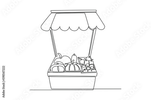 Continuous one line drawing Food market stalls. Business activity concept in market. Single line draw design vector graphic illustration.