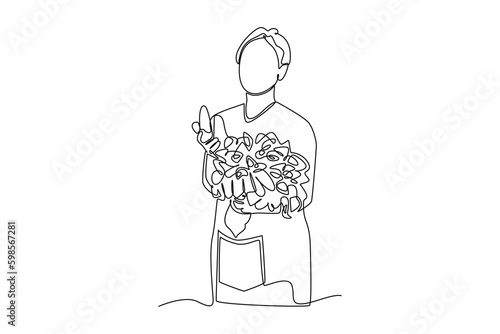 Continuous one line drawing happy woman brings a lot of vegetable in basket. Business activity concept in market. Single line draw design vector graphic illustration.