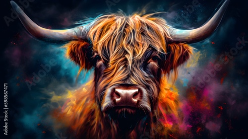A captivating and vivid image of a charming Highland cow portrayed in a colorful and imaginative style.