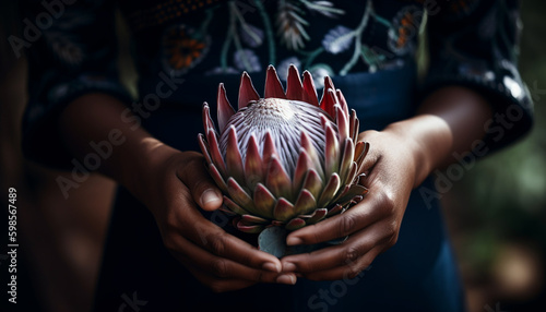 An African woman gently cradles a protea flower in her hands in a celebration of life, nature and growth photo