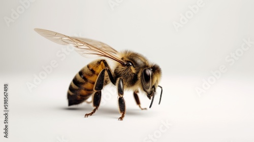  A minimalist shot of a honey bee on a stark white background, with subtle lighting highlighting its intricate details.  generative ai © 3D Station