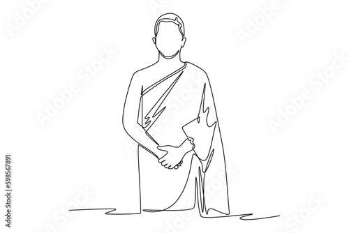Continuous one line drawing a Muslim with his Ihram dress. Hajj and umrah concept. Single line draw design vector graphic illustration.