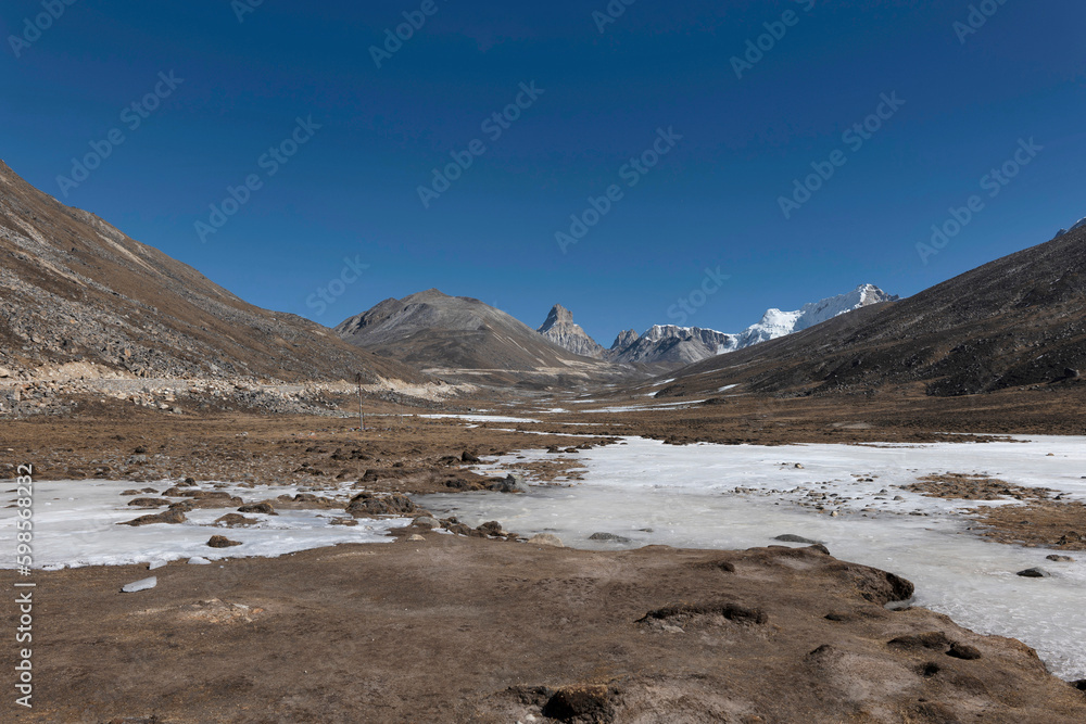 Fototapeta premium Yumesamdong, a scenic high-altitude valley in North Sikkim, famous for its snow-capped peaks and natural beauty.