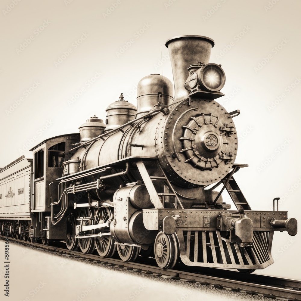 Naklejka premium A vintage, sepia - toned photograph of a classic locomotive with intricate details and a nostalgic charm on a white background, taking viewers back in time. generative ai