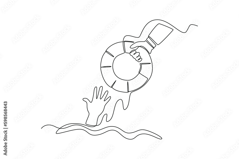 Fototapeta premium Single one line drawing hand gives lifebuoy. SOS concept. Continuous line draw design graphic vector illustration.