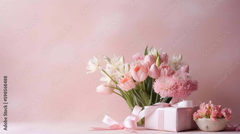 Still life with a bouquet of spring flowers and a beautiful gift on soft pink background and copy space. Generative AI