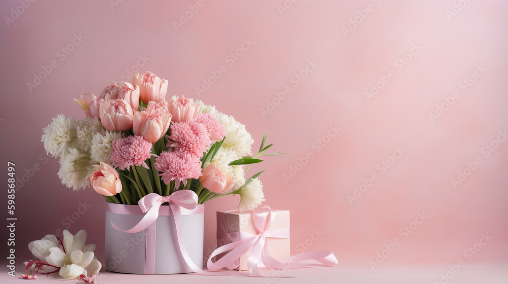 Still life with a bouquet of spring flowers and a beautiful gift  on pink background and copy space. Generative AI