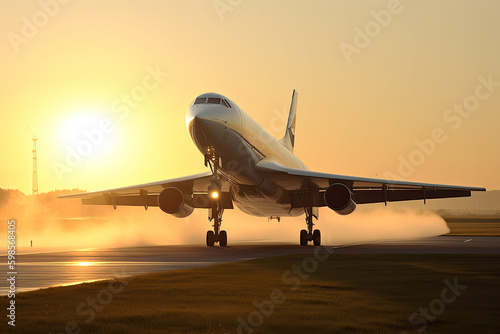 Concord plane takes off at sunrise. Generative AI. photo