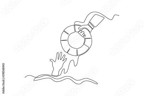 Single one line drawing hand gives lifebuoy. SOS concept. Continuous line draw design graphic vector illustration.