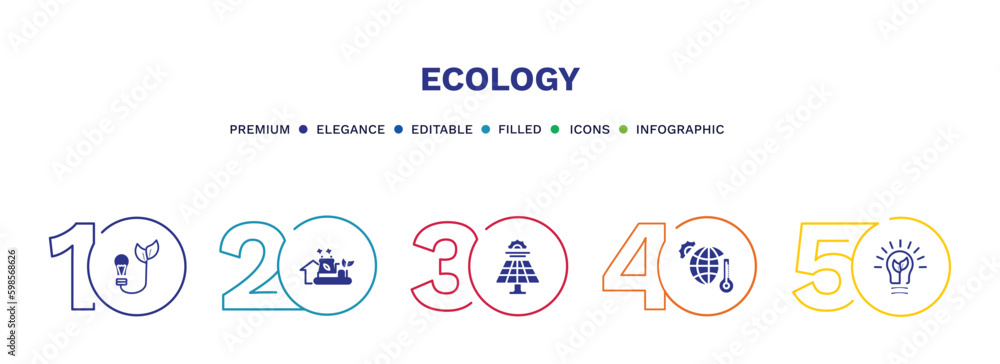 set of ecology filled icons. ecology filled icons with infographic template. flat icons such as bio energy, eco industry, solar energy, warming, green energy vector.