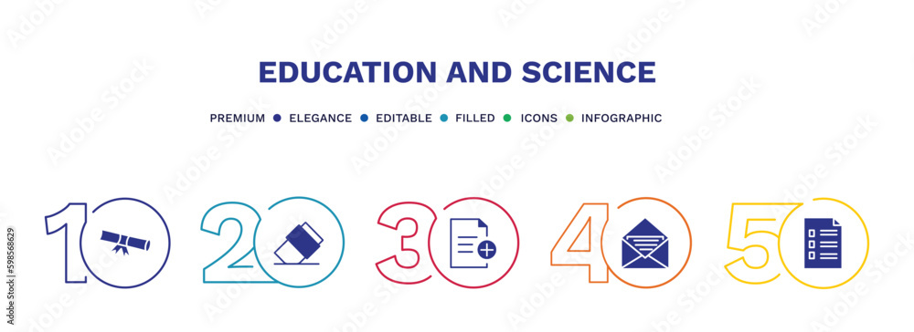 set of education and science filled icons. education and science filled icons with infographic template. flat icons such as rolled diploma, eraser, new document, open email, application form vector.