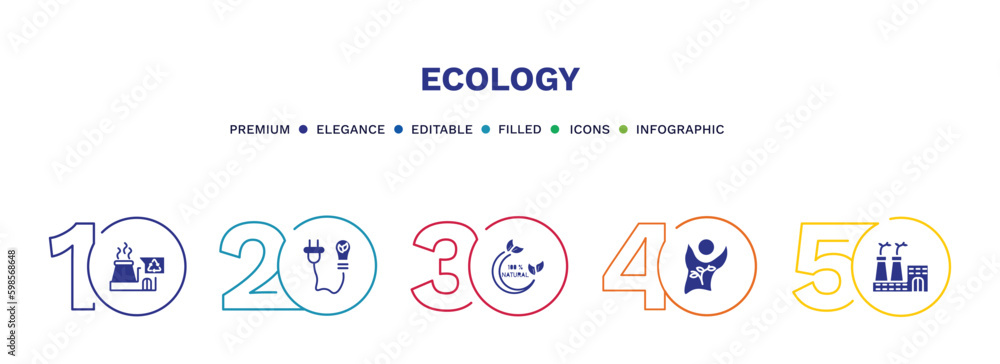 set of ecology filled icons. ecology filled icons with infographic template. flat icons such as recycling factory, eco power, 100 percent natural, eco volunteer, eco factory vector.