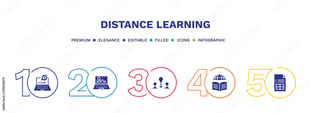 set of distance learning filled icons. distance learning filled icons with infographic template. flat icons such as e learning, computer-based training, sociology, sheet vector.