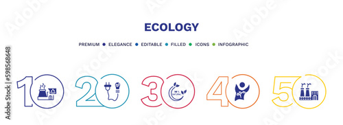set of ecology filled icons. ecology filled icons with infographic template. flat icons such as recycling factory, eco power, 100 percent natural, eco volunteer, eco factory vector.
