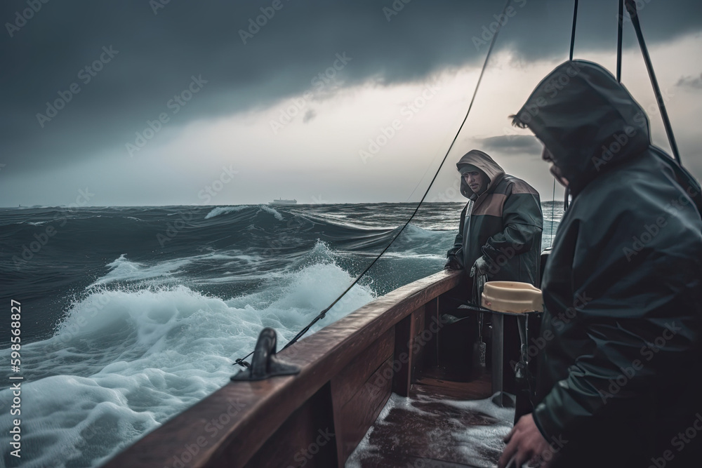 Solitude Amidst the Storm: Lonely Fisherman at Sea. generative AI.