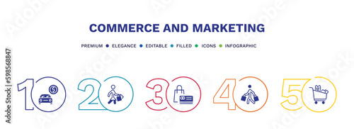 set of commerce and marketing filled icons. commerce and marketing filled icons with infographic template. flat icons such as buy a car, shopper with bags, bag business card, shopper, grocery