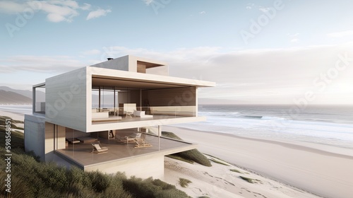  A modern beach house with panoramic ocean views, a minimalist design, and a neutral color palette. generative ai
