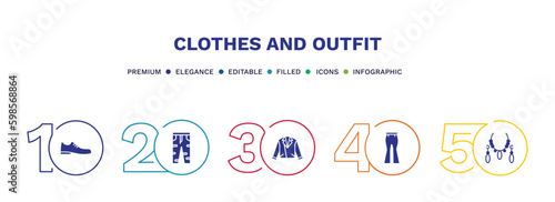 set of clothes and outfit filled icons. clothes and outfit filled icons with infographic template. flat icons such as leather shoes, boyfriend low jean, leather biker jacket, flare pants, jewelry
