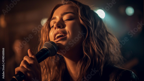 Young beautiful happy woman singing a song on stage, close-up portrait - ai generative