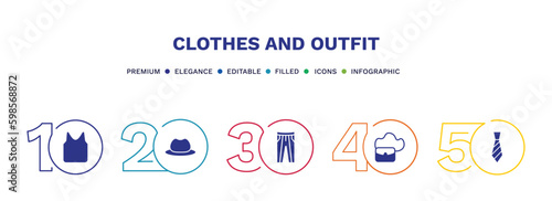set of clothes and outfit filled icons. clothes and outfit filled icons with infographic template. flat icons such as jersey blazer, men hat, oxford wave suit pants, hobo bag, tie vector.