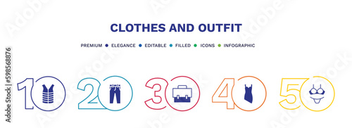 set of clothes and outfit filled icons. clothes and outfit filled icons with infographic template. flat icons such as padded vest, chi pants, messenger bag, cocktail dress, lingerine vector.