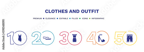 set of clothes and outfit filled icons. clothes and outfit filled icons with infographic template. flat icons such as jersey wrap dress, loafer, off the shoulder dress, platform sandals, chino