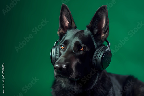 Black dog in headphones