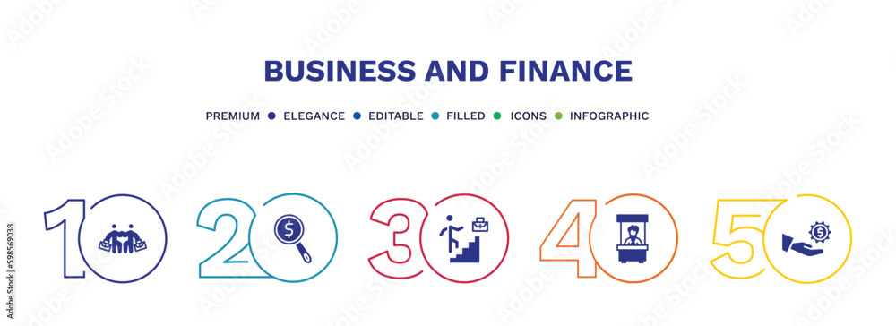 set of business and finance filled icons. business and finance filled icons with infographic template. flat icons such as work parteners, dollar business search, professional advance, bank teller,