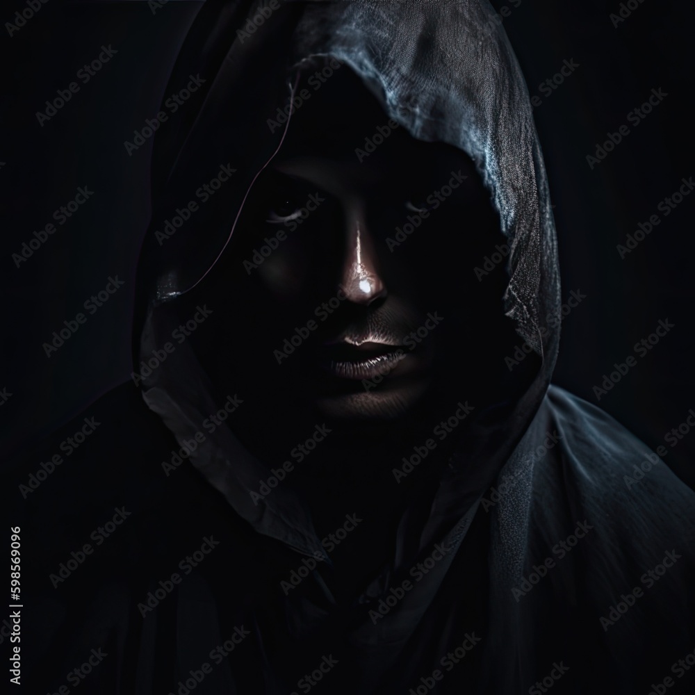 A mysterious, shadowy figure cloaked in darkness with piercing, glowing eyes on a black background, evoking intrigue and suspense. generative ai A mysterious, shadowy figure cloaked in darkness with piercing, glowing eyes on a black background, evoking intrigue and suspense. generative ai