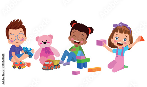 A group of children playing with toys and a teddy bear