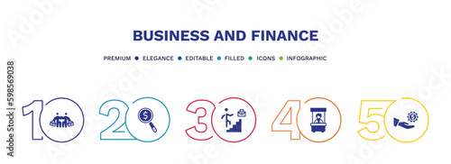 set of business and finance filled icons. business and finance filled icons with infographic template. flat icons such as work parteners, dollar business search, professional advance, bank teller,