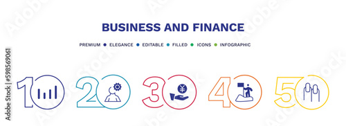set of business and finance filled icons. business and finance filled icons with infographic template. flat icons such as bars graphic, man with solutions, yen coin on hands, man success, nails