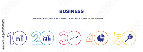 set of business filled icons. business filled icons with infographic template. flat icons such as graphic progression, statistical chart, lines, pie graphic, money finder vector.