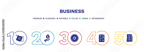 set of business filled icons. business filled icons with infographic template. flat icons such as post it, give money, full circle, tactic, newspaper page vector.