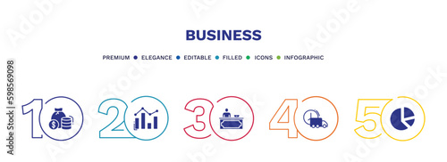 set of business filled icons. business filled icons with infographic template. flat icons such as finance, bar diagram, director desk, logistic, circular pie chart vector.