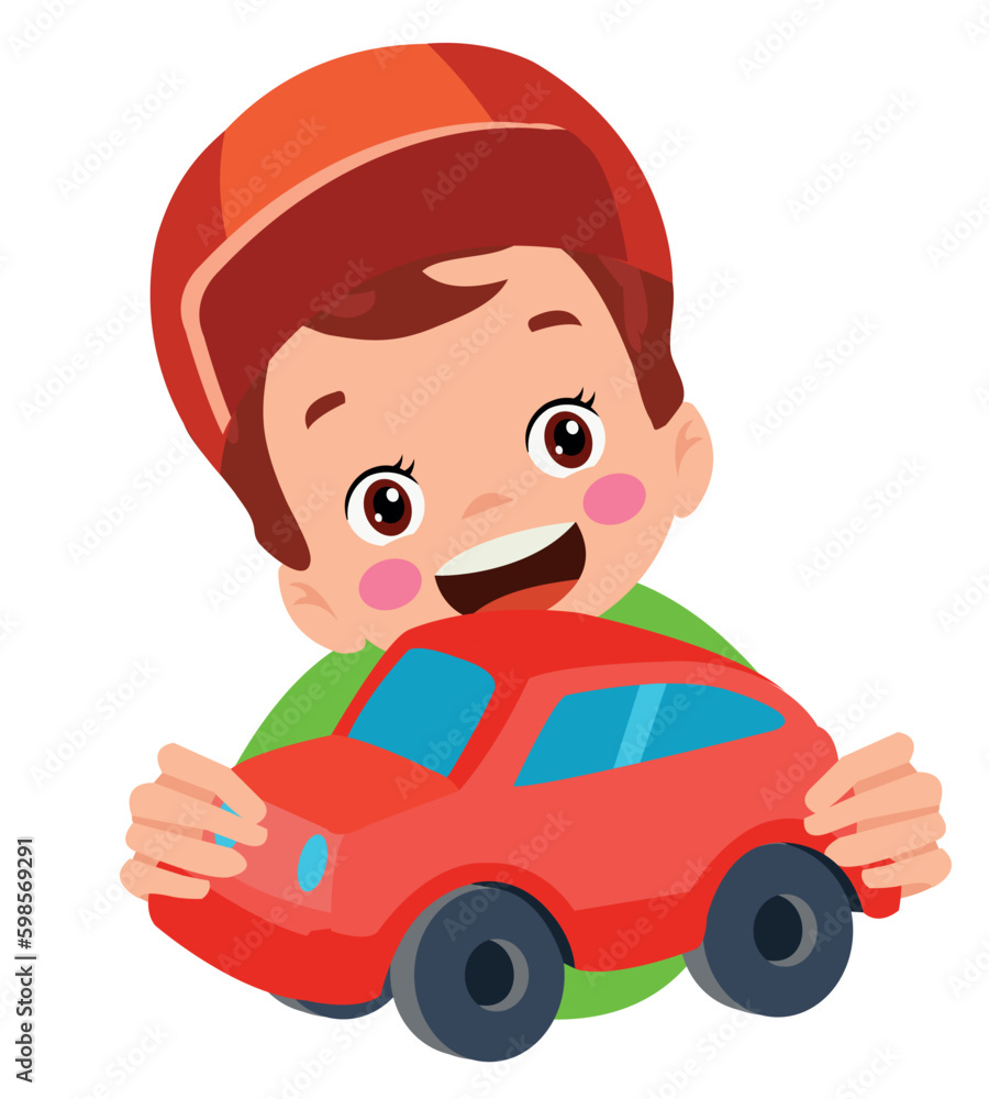 A boy holding a toy car and a red toy car. A boy holding a toy car and a red toy car.