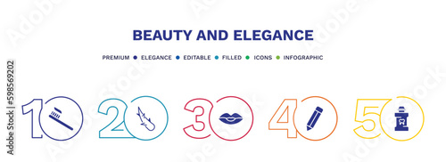 set of beauty and elegance filled icons. beauty and elegance filled icons with infographic template. flat icons such as toothbrush, aloe vera, woman lips, pencils, mouthwash vector.