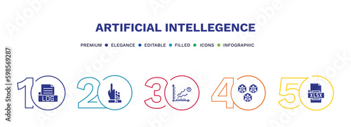 set of artificial intellegence filled icons. artificial intellegence filled icons with infographic template. flat icons such as log file, bionic, prediction, hexagons, xlsx vector.