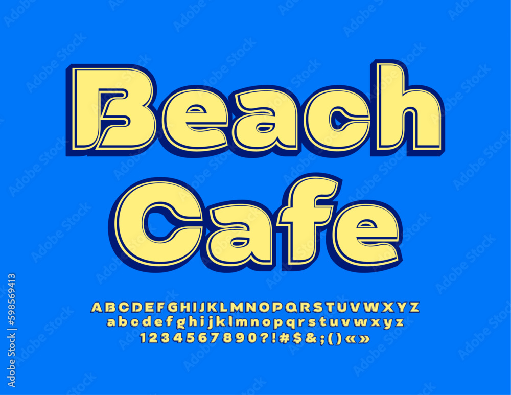 Vector bright Emblem Beach Cafe Modern creative Font. Stylish Alphabet Letters and Numbers. Vector bright Emblem Beach Cafe Modern creative Font. Stylish Alphabet Letters and Numbers.