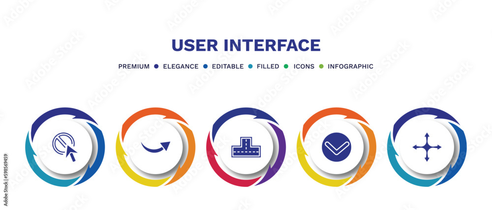 set of user interface filled icons. user interface filled icons with infographic template. flat icons such as forbidden cursor, curved arrows, crossroad, expand button, four expand arrows vector. set of user interface filled icons. user interface filled icons with infographic template. flat icons such as forbidden cursor, curved arrows, crossroad, expand button, four expand arrows vector.
