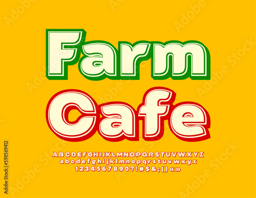 Vector creative emblem Farm Cafe. Stylish Bright Font. Modern Alphabet Letters and Numbers