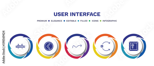 set of user interface filled icons. user interface filled icons with infographic template. flat icons such as bridge, round left button, sketched arrow, no tittling, key up vector.