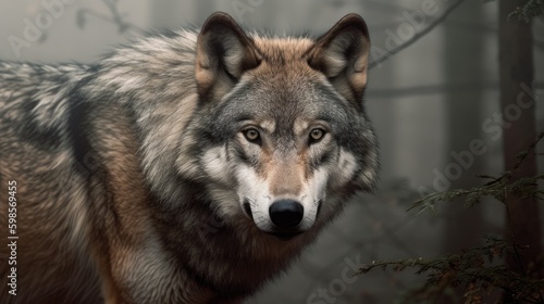  A powerful image of a wolf  with piercing eyes and a sense of wildness against a misty forest backdrop. generative ai