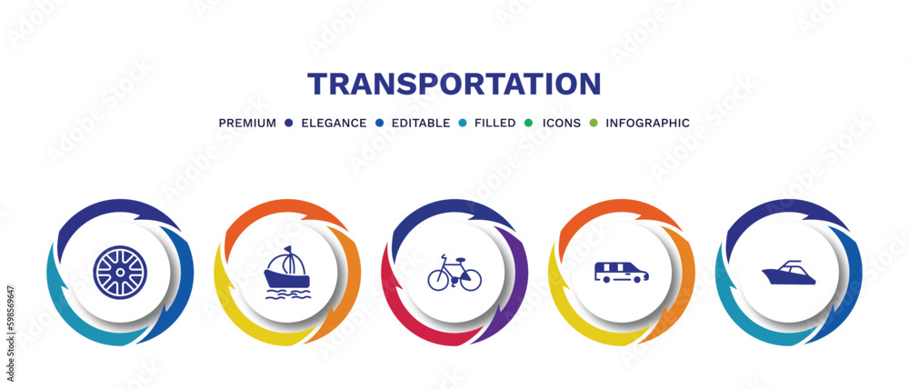 set of transportation filled icons. transportation filled icons with infographic template. flat icons such as alloy wheel, sailing boat with veils, bicycle side view, long car, yacht navigate set of transportation filled icons. transportation filled icons with infographic template. flat icons such as alloy wheel, sailing boat with veils, bicycle side view, long car, yacht navigate