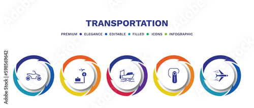 set of transportation filled icons. transportation filled icons with infographic template. flat icons such as quad bike, airport checking, fishing boat, hands free device, airplane flying vector.