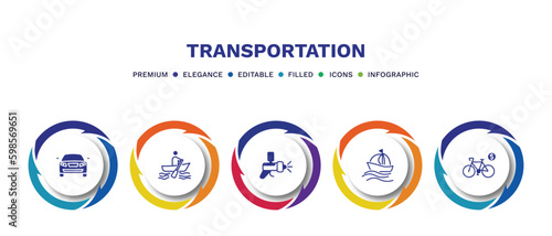 set of transportation filled icons. transportation filled icons with infographic template. flat icons such as auto, boating, car painting, sailing, bicycle rental vector.