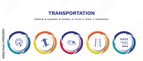 set of transportation filled icons. transportation filled icons with infographic template. flat icons such as repair, longboard, carrier, road with broken lines, shift vector.