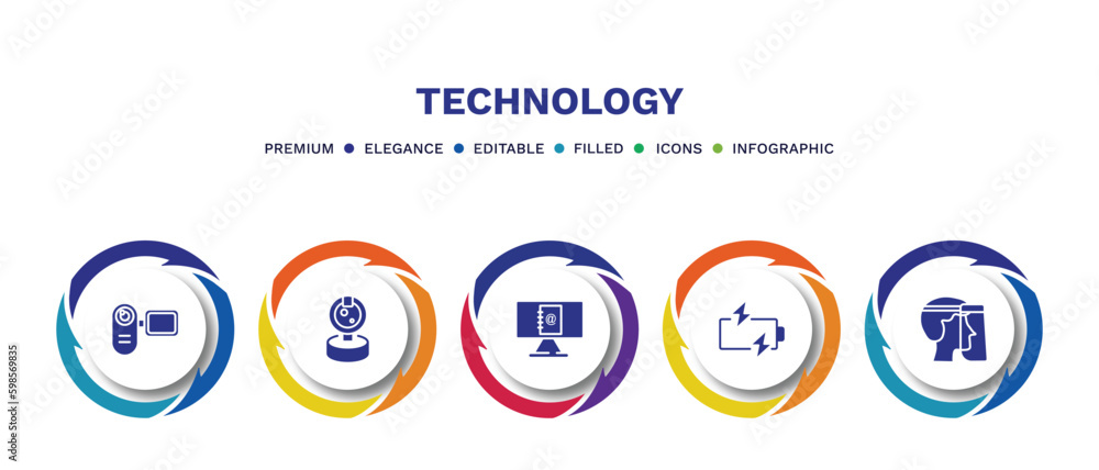 set of technology filled icons. technology filled icons with infographic template. flat icons such as video camera front view, front webcam, email agenda, battery power, face shield vector.